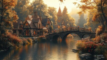 Autumnal Landscape With Rustic Bridge Over River Reflecting Sunlight on Trees