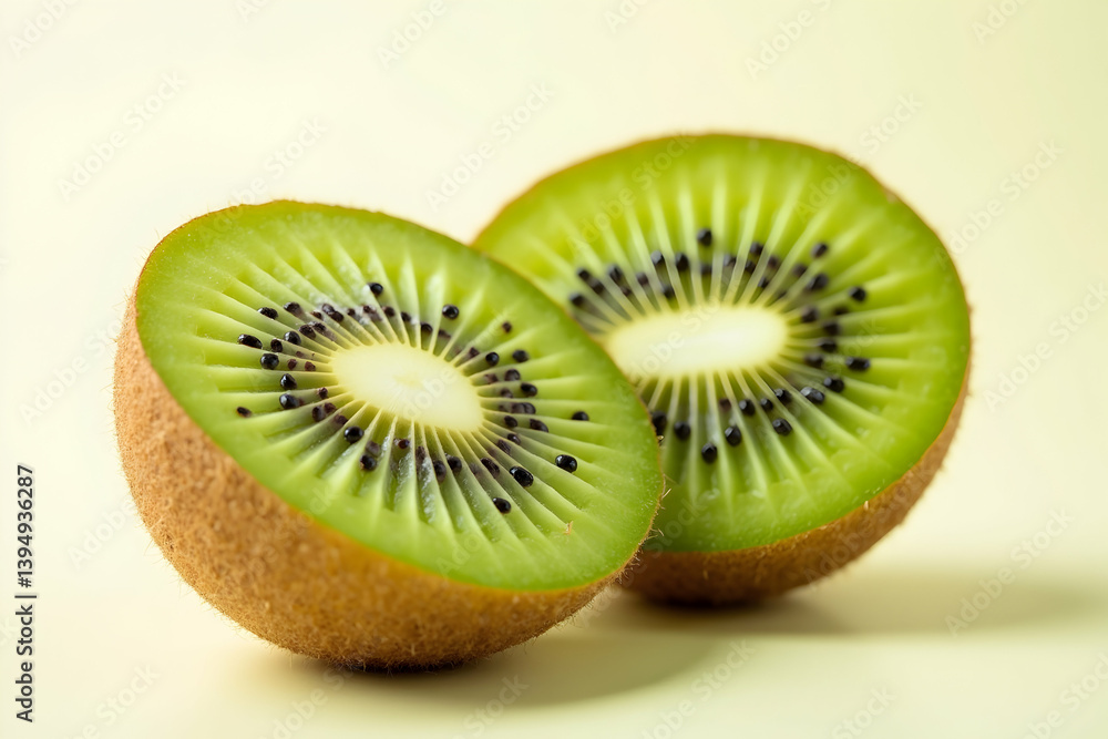 Poster bright and refreshing, a close-up of sliced kiwi fruit displaying vibrant green flesh and intricate 