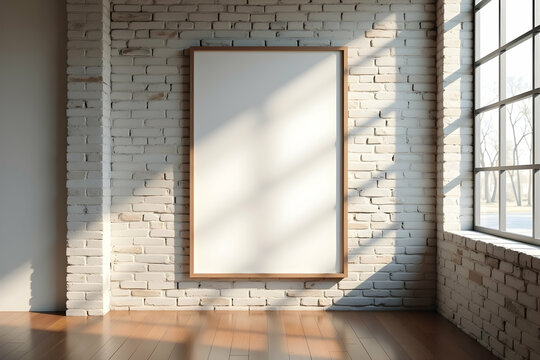 Fototapeta Bright room featuring a wooden framed poster on a brick wall with sunlight streaming in through a large window creating a minimalist elegant interior
