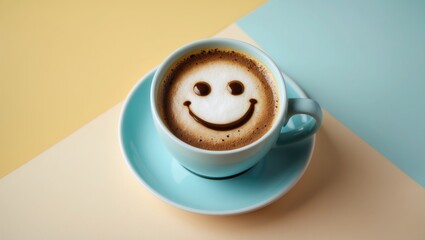Aerial view of a cup filled with delightful hot coffee topped with foam and a smile on a colorful surface. Bright morning, good spirits, inspiration