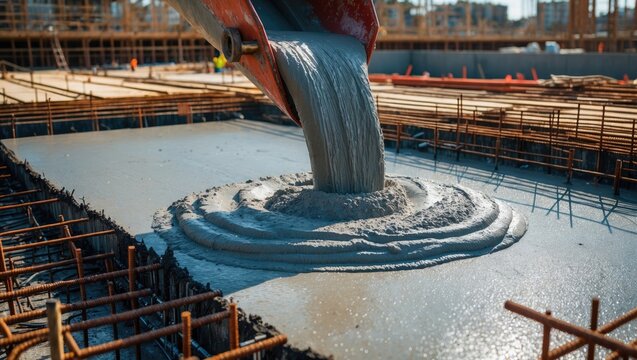 Concrete being poured on a prepared foundation surface, showcasing steel reinforcement beneath for added strength.