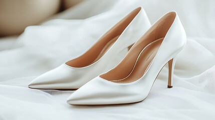 Obraz premium Elegant White Satin Bridal Heels on Silk Fabric