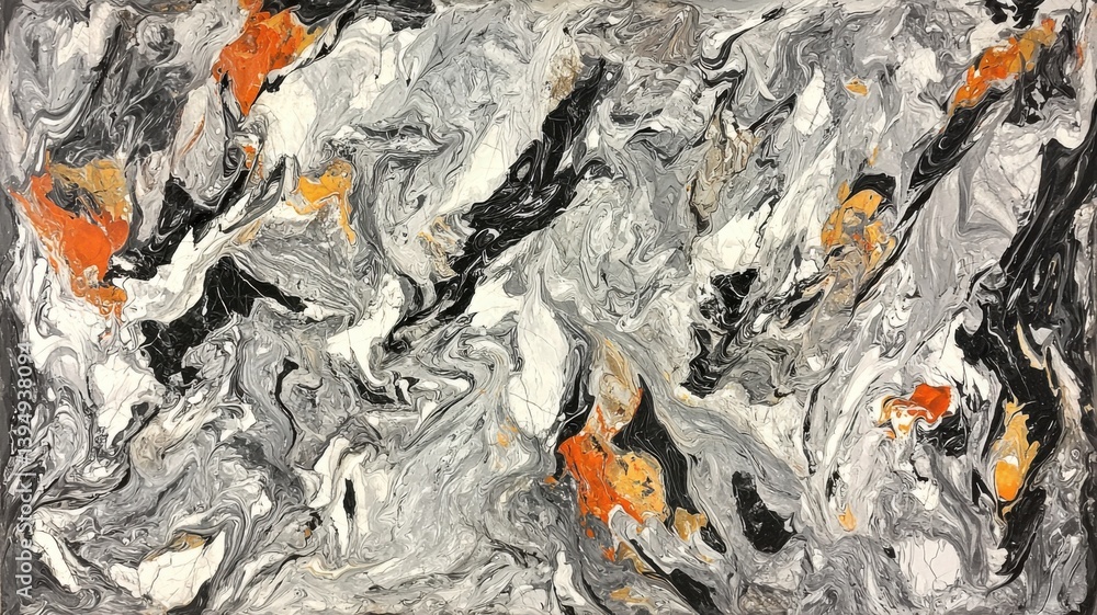 Poster an abstract marbled texture featuring swirling patterns in black, white, and vibrant orange hues, cr