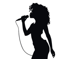 音楽デザイン、女性歌手アート、パフォーマンスのためのマイクで歌う女性のシルエットベクター