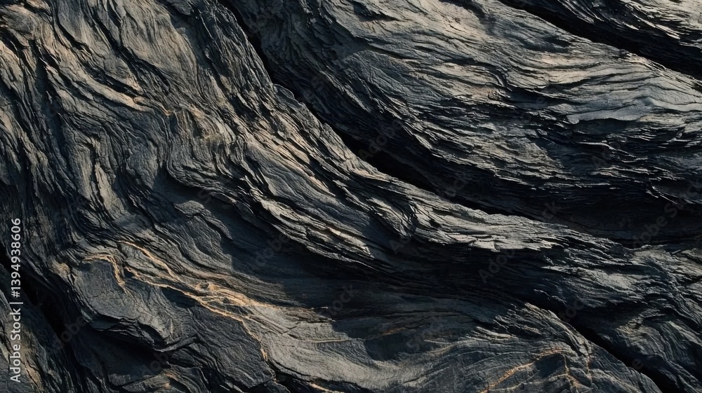 Poster a close-up view of textured volcanic rock, showcasing the intricate patterns and layers formed by co