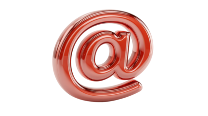 A shiny three dimensional red metallic email symbol or  at  sign floating against a plain white background representing digital communication technology and online connectivity