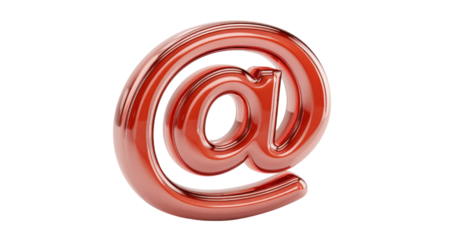 A shiny three dimensional red metallic email symbol or  at  sign floating against a plain white background representing digital communication technology and online connectivity