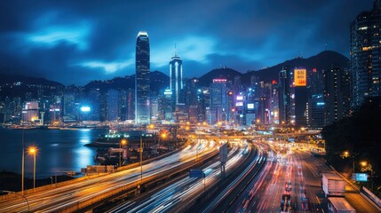 Fototapeta premium A wide-angle view of a bustling expressway at night, with illuminated streetlights and traffic flowing smoothly, showcasing the city's vibrant nightlife.
