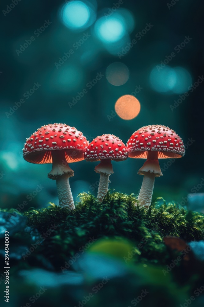 Aufkleber enchanting trio of fly agaric mushrooms on mossy ground in a mystical forest with bokeh background a