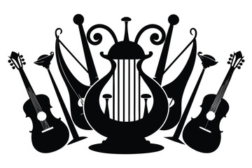 Vector illustration set of black and white music symbols including guitar and other isolated musical instruments