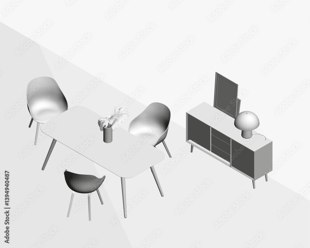 Poster a room with a table and chairs, and a lamp. the table is a long rectangular one, and the chairs are 