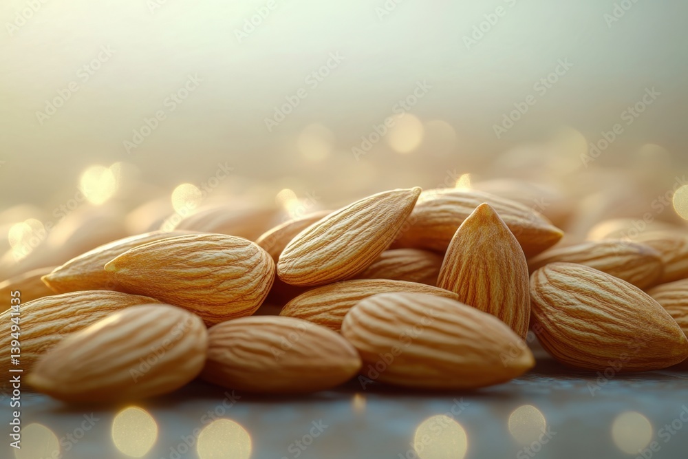 Poster almonds scattered on a reflective surface with soft lighting in the background