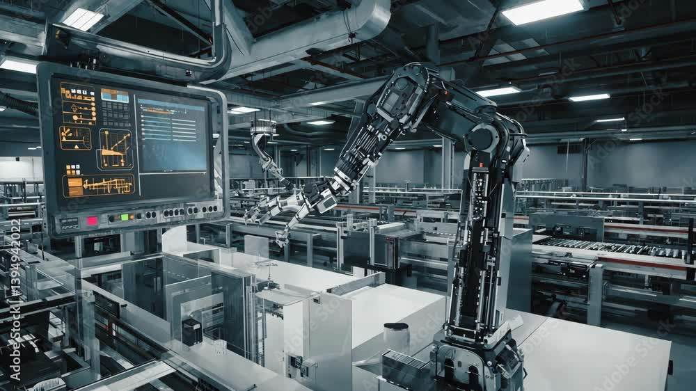Poster advanced robotic arm operates in a high-tech warehouse environment during a busy afternoon shift