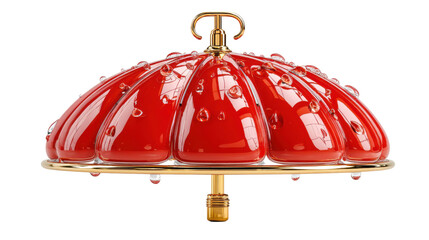 A magnificent spherical crystal chandelier with a vibrant red domed glass design suspended in a sophisticated and modern interior setting