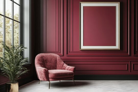 Naklejki Elegant interior with red walls armchair and plant in a golden pot creating a sophisticated ambiance with natural light and a classic frame for art
