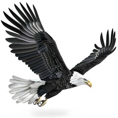 Fototapeta premium realistic bald eagle with detailed feathers, sharp beak and fierce eyes, wings open in flight, isolated on white background, wildlife clipart style
