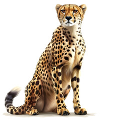 realistic cheetah with golden-yellow coat and small black spots, slender build and expressive eyes, sitting or standing pose, isolated on white background, wildlife clipart style