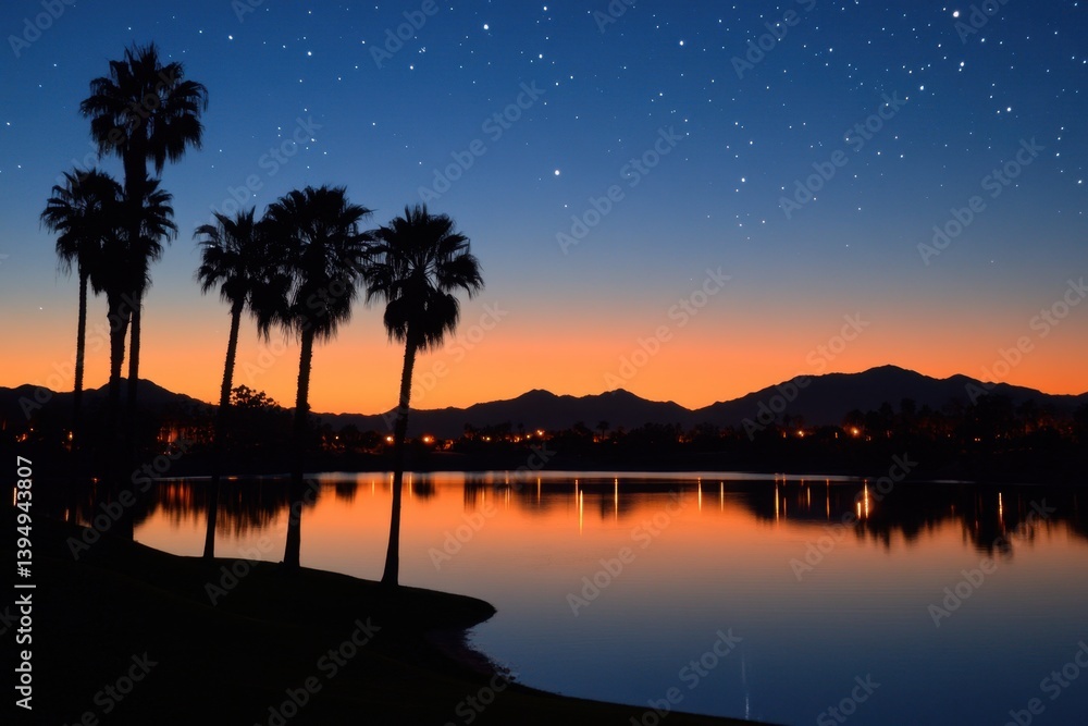 Poster tranquil twilight lake reflecting palm trees and distant mountains under a starlit sky creating a se