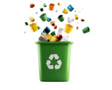 vibrant green recycling bin filled with colorful plastic containers is shown, emphasizing importance of recycling and environmental awareness. animated recycling symbols add playful touch to scene