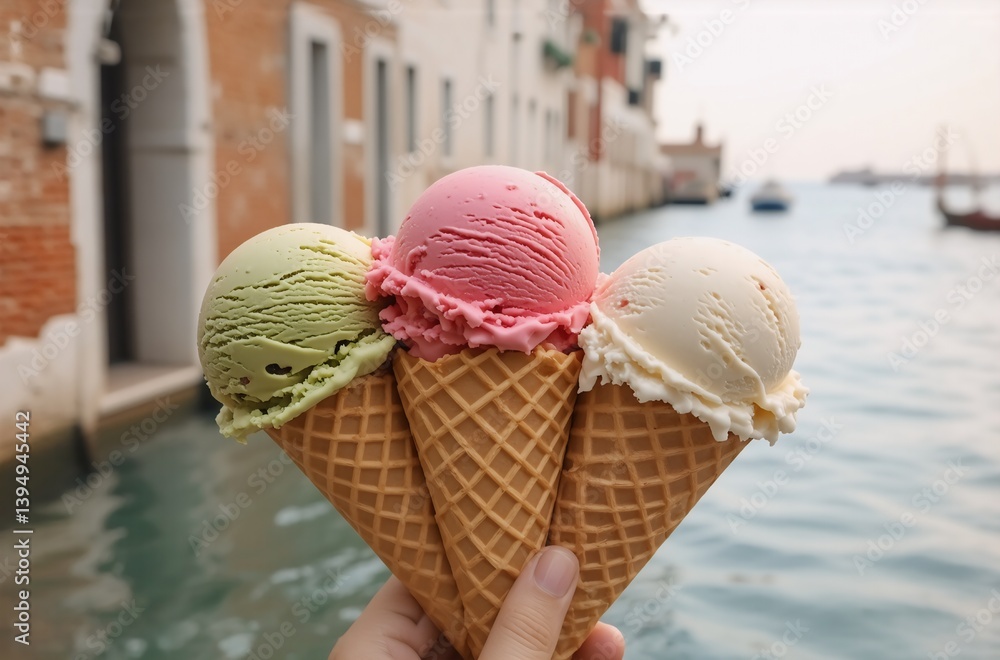 Aufkleber An image shows three ice cream cones with different flavored scoops. The hand holds them in front of a canal with buildings. The scene looks refreshing and colorful.