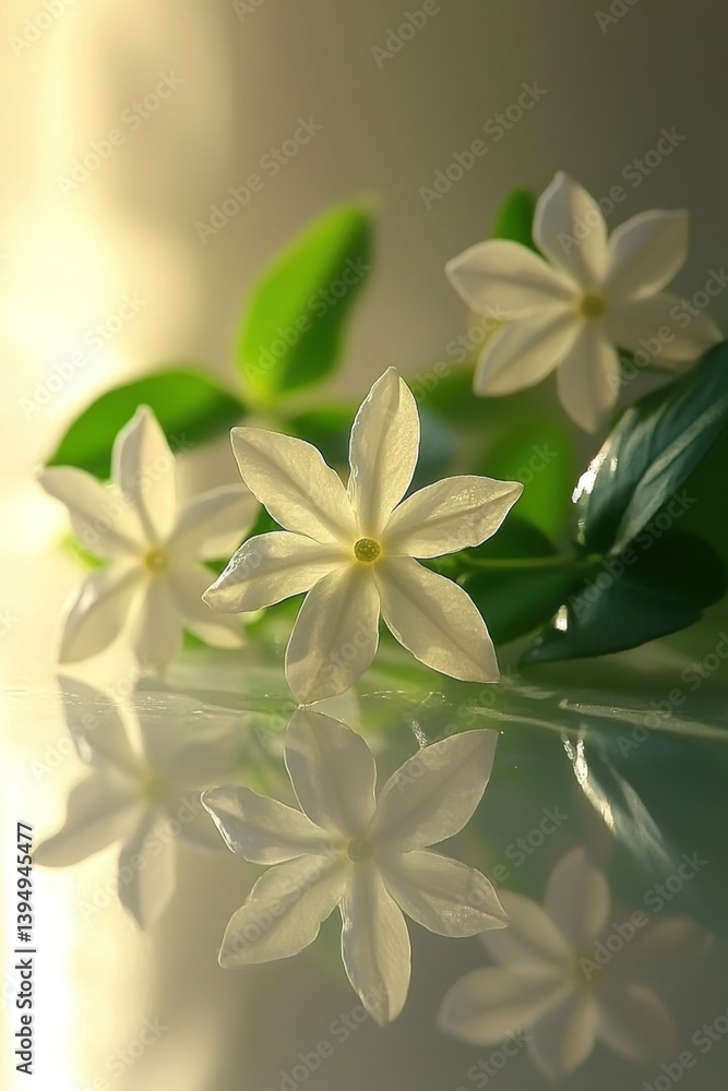 Poster serene jasmine blossom arrangement with soft lighting reflecting on a smooth surface creating a peac
