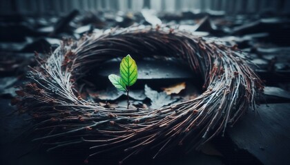 Last Leaf A single green sprig on a discarded wreath