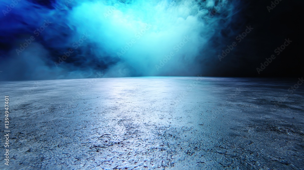 Poster ethereal blue smoke on dark background with concrete floor creating a dramatic and atmospheric stage