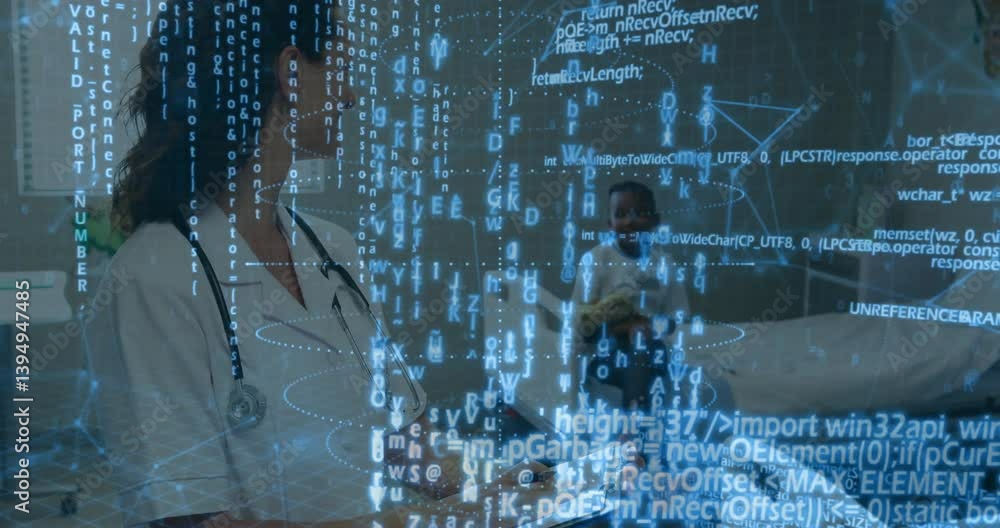 Poster medical professionals in hospital with digital data and coding overlay animation