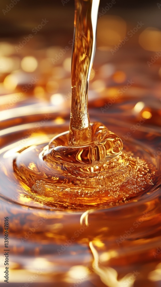 Poster golden liquid cascade creating mesmerizing ripples and bubbles with warm light and smooth texture in