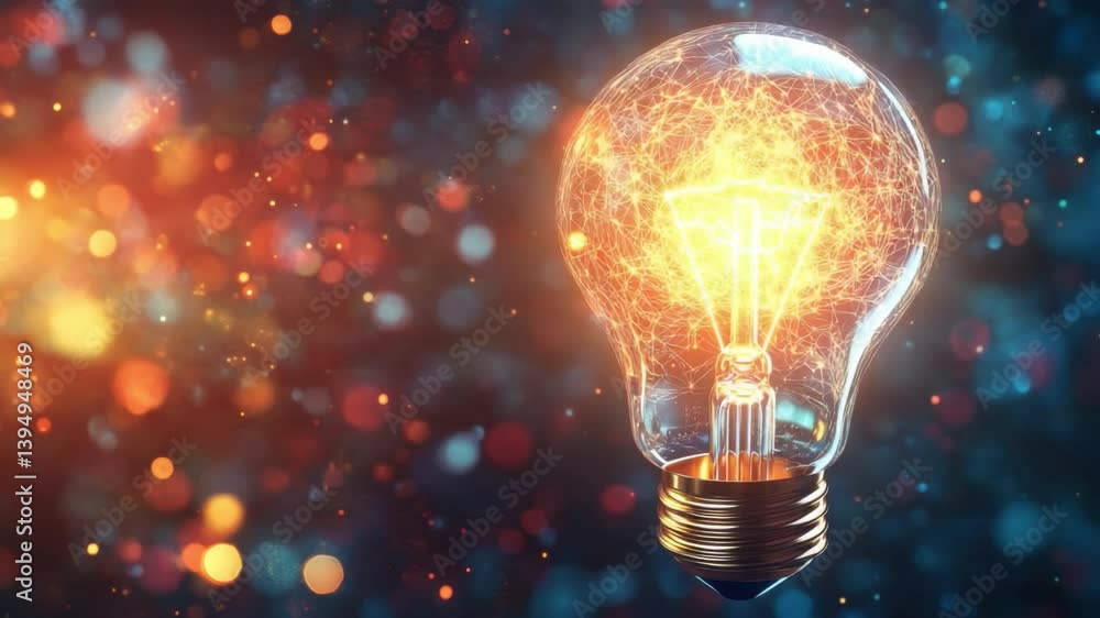 Poster Illuminating Idea: A close-up view of a light bulb radiating with an intense inner glow, set against a dreamy backdrop of bokeh lights. Symbolizing ingenuity, creativity, and innovation.