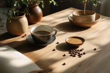 Wooden table scene bathed in sunlight. A coffee cup, ceramic bowls, and a small dish hold coffee. Coffee beans scattered, with green plants in the background.