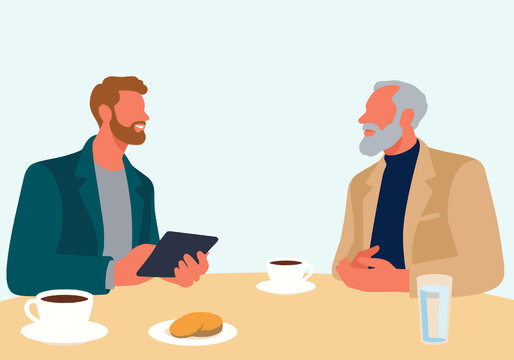 Illustration of two men having a conversation over coffee at a table with pastries.
