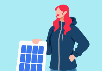 Illustration of a young woman with red hair holding a solar panel against a light blue background.