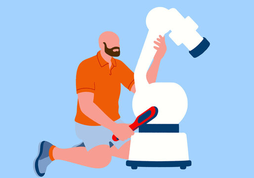Illustration of an engineer kneeling beside robotic arm, adjusting with tool, on light blue background.