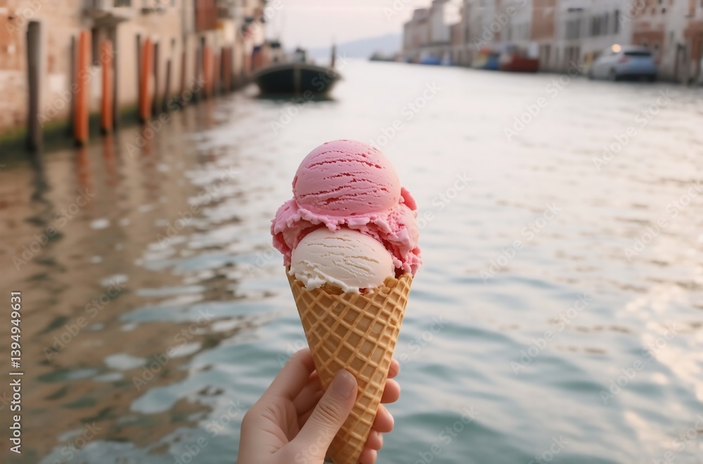 Poster a hand holds an ice cream cone with scoops of pink and white ice cream. a canal with buildings and a