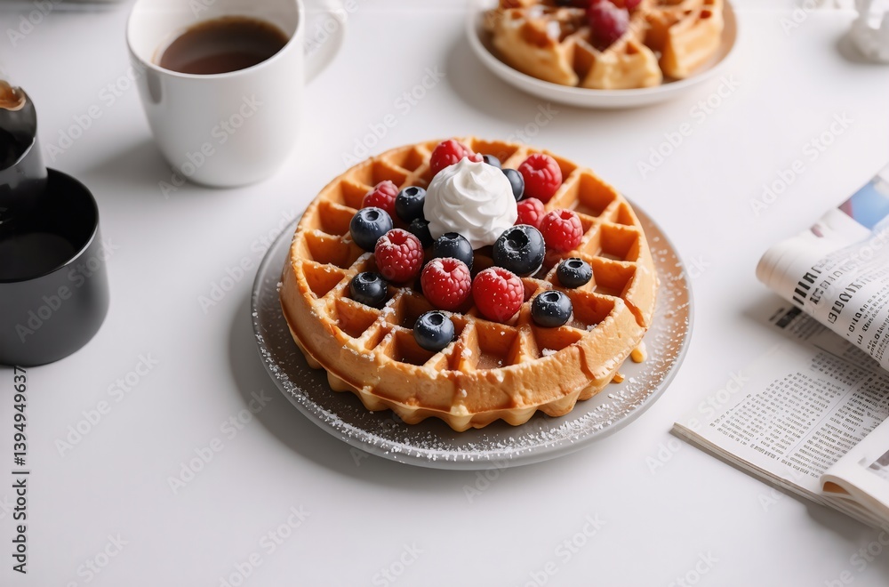 Poster a tasty breakfast is laid out on a bright table. a golden, round waffle is topped with fresh berries