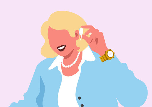 Illustration of a smiling woman wearing a blue jacket, holding an earbud with a pearl necklace and watch.