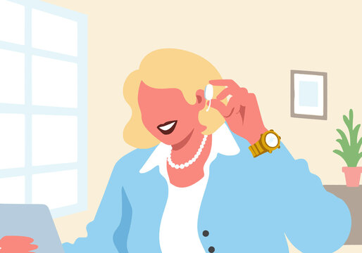 Illustration of a woman with blonde hair in blue jacket smiling and holding earbud in modern office setting.