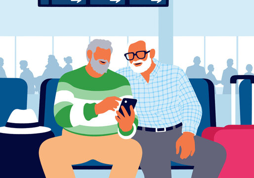 Illustration of two older men who sit together at an airport, looking at a phone and smiling.