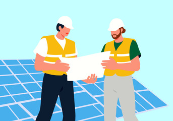Two workers in hard hats review plans near solar panels on a sunny day.