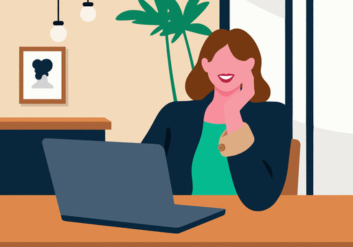 Illustration of a smiling woman working on a laptop at a desk in a modern office environment.