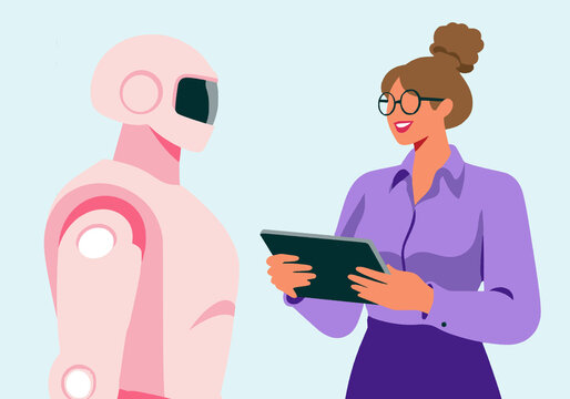 Illustration of a woman with tablet who interacts with a humanoid robot.