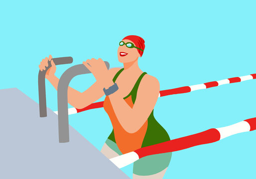 Illustration of a swimmer in goggles and cap holds pool ladder beside red and white lane dividers.