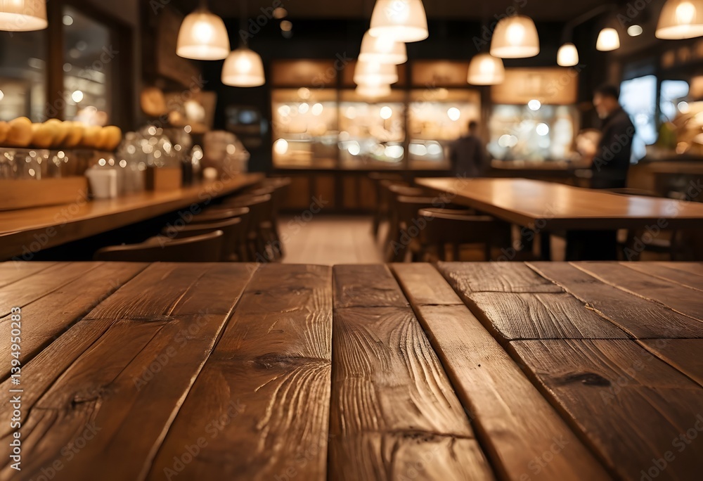 Poster warm wooden table texture background, a dark wood surface with soft cafe lighting. bokeh creates dep