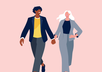 Illustration of a stylish couple holding hands and walking on a pink background.