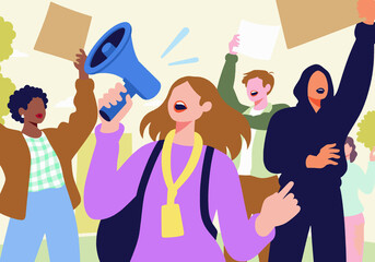 Illustration of diverse group of animated people protesting with signs and a megaphone outdoors.