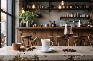 Obraz premium Cozy cafe scene features a rustic wooden bar with stools, shelves filled with bottles, and a sunlit tabletop. A cup of coffee, beans, and a glass of red liquid suggest a place for relaxation and enjoy