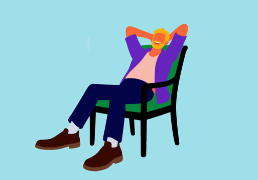 Man in casual attire relaxes on a chair, leaning back with hands behind his head.