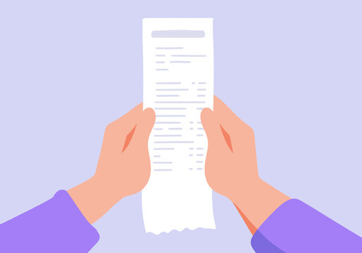 Illustration of hands holding a long paper receipt on a light purple background.