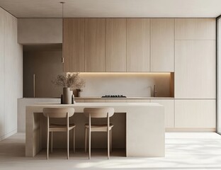 Minimalist kitchen with light wood cabinets and a neutral color scheme